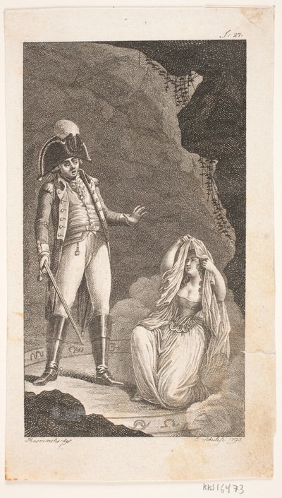 Illustrazione con ufficiale e dama inginocchiata da Georg Christian Schule