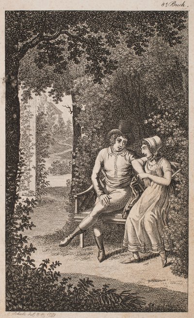 Illustrazione con coppia su una panchina in un giardino da Georg Christian Schule