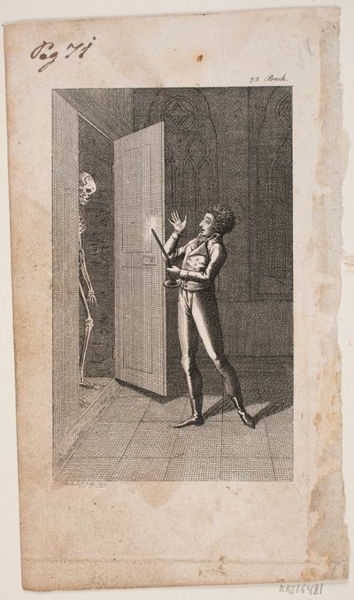 Illustrazione con giovane uomo e scheletro da Georg Christian Schule
