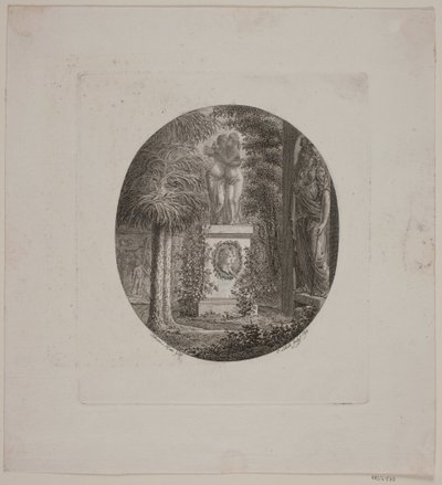 Postament med Amor og Psyke samt en anden skulptur i en have da Georg Christian Schule
