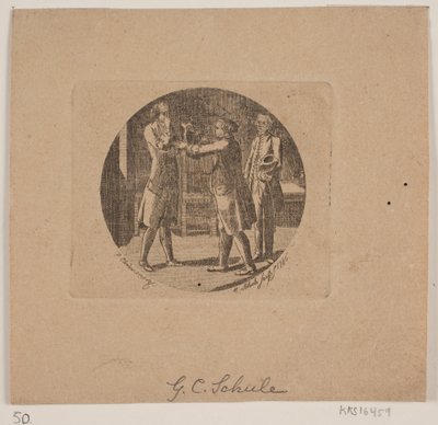 Vignet med tre mænd da Georg Christian Schule