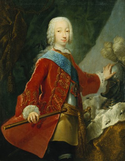 Ritratto di un gentiluomo, probabilmente il Granduca Pietro Fedorovich, poi zar Pietro III, in piedi a tre quarti, con una giacca ricamata rossa, una corazza e il distintivo di Sant