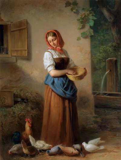 Una ragazza che nutre galline e piccioni da Georg Decker
