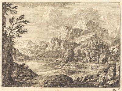 Paesaggio montuoso con un castello in rovina e un ponte ad arco in lontananza da Georg Eisenmann