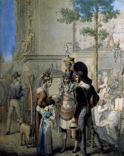 Venditore di cocco a Porte Saint Denis a Parigi. Vecchio negozio di mercanti che vende coppe di cocco nelle strade di Parigi. Disegno di George Emanuel Opitz (1775-1841), Parigi. Museo Carnavalet da Georg Emanuel Opitz