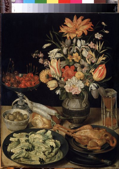Natura morta con fiori, pollo, clessidra, olive, ciliegie e cavolo da Georg Flegel