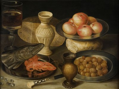 Natura morta con brocca in pietra di Siegburg, bicchiere, coltello, due pagnotte, inizio XVII secolo da Georg Flegel