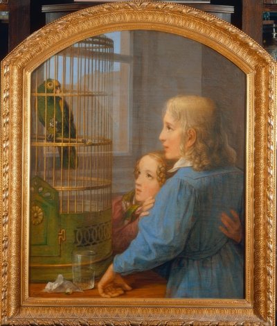 Due bambini davanti a una gabbia per pappagalli da Georg Friedrich Kersting