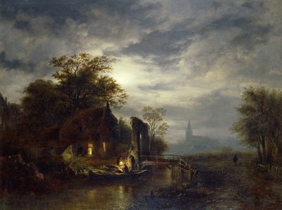 Scena fluviale al chiaro di luna con figure che scaricano una barca da Georg Gillis van Haanen