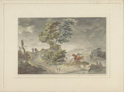 Paesaggio collinare con pastore e passeggiatori sotto un cielo minaccioso da Georg Lamprecht (possibly)