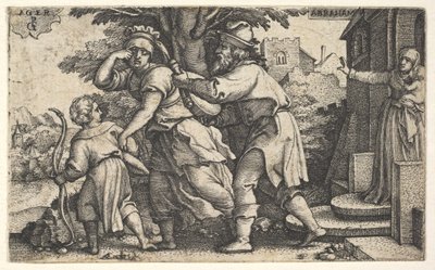 Abramo manda via Agar e Ismaele: Abramo porge un vaso mentre Agar e Ismaele, ca. 1543 da Georg Pencz