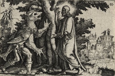 Cristo tentato dal diavolo nel deserto (incisione su carta vergata) da Georg Pencz