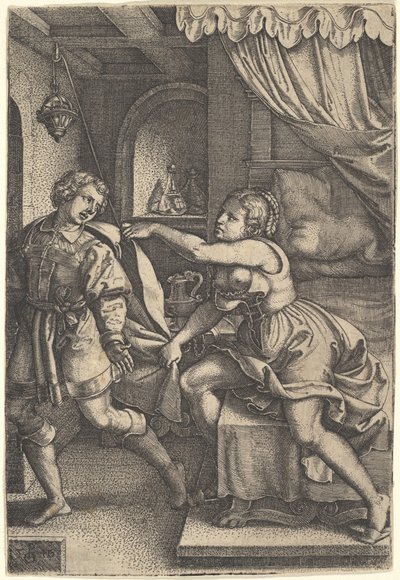 Giuseppe si allontana dalla moglie di Potifar, che gli afferra il mantello con entrambe le mani mentre st..., 1546 da Georg Pencz