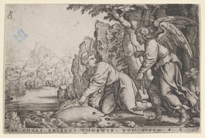 Tobiolo cattura il pesce, dalla Storia di Tobia, 1543 da Georg Pencz