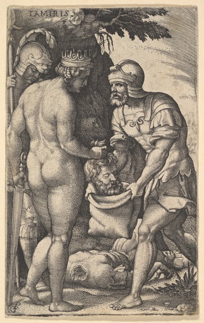 Tomiri, mostrata nuda da dietro, che mette la testa di Ciro in un sacco tenuto da un soldato... da Georg Pencz