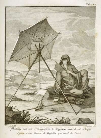 Donna di Dsjidda che prepara pane piatto nel deserto, inciso da C.J. de Huyser, pubblicato c.1772-74 da Georg Wilhelm Baurenfeind