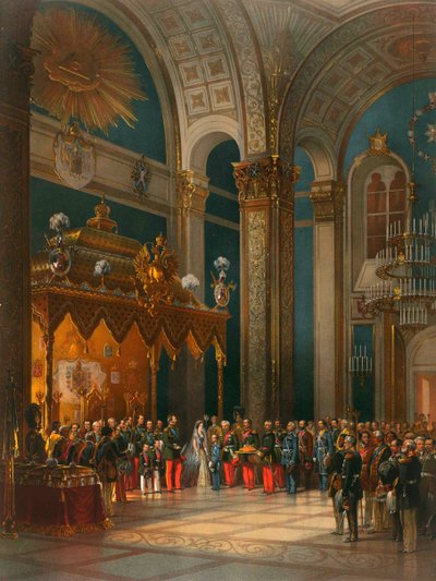 Omaggio degli ufficiali cosacchi nella Sala del Trono, incoronazione dello Zar Alessandro II, Mosca da Georg Wilhelm Timm