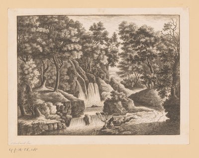 Cascata nel bosco con due pescatori in primo piano da Georg Wolfgang Knorr (possibly)