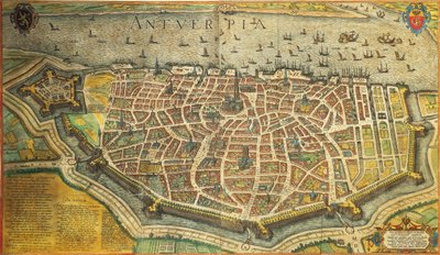 Belgio, Anversa da Georg Braun e Franz Hogenberg da Civitates Orbis Terrarum, incisione a colori da Georg Braun and Hogenberg Franz