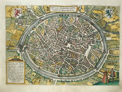 Belgio, mappa di Bruges da Civitates Orbis Terrarum di Georg Braun e Franz Hogenberg, Colonia, incisione da Georg Braun and Hogenberg Franz