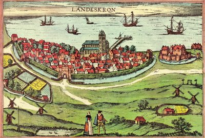 Città di Landskrona, un porto antianseatico, Danimarca da Georg and Hogenberg Franz (1535 90) Braun