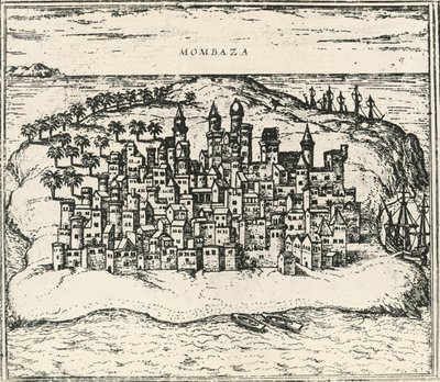 Città di Mombasa in Kenya, incisione da Civitates Orbis Terrarum da Georg Braun and Hogenberg Franz