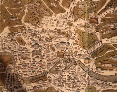 Città di Roma, dettaglio della mappa da Civitates orbis terrarum, Città del Mondo, di Georg Braun (1541-1622) e Franz Hogenberg (1535-1590), attivi a Colonia, incisione, Italia da Georg Braun and Hogenberg Franz