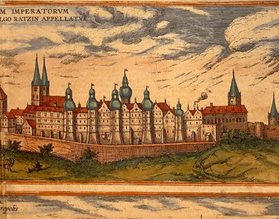 Repubblica Ceca, Praga, Vista del Palazzo, incisione a colori dal Civitates Orbis Terrarum di Georg Braun e Franz Hogenberg da Georg Braun and Hogenberg Franz