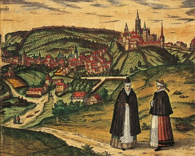 Repubblica Ceca, Praga, Vista della città con la cittadella sullo sfondo, incisione a colori da Civitates Orbis Terrarum di Georg Braun (1541-1622) e Franz Hogenberg (1535-1590) da Georg Braun and Hogenberg Franz
