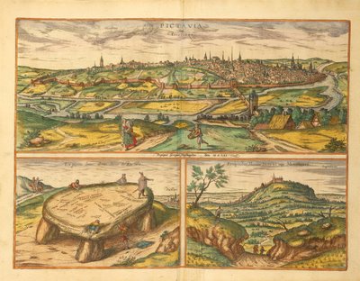 Dolmen vicino a Poitiers e città di Poitiers e Montherre dal Civitates Orbis Terrarum di Georg Braun da Georg Braun and Hogenberg Franz