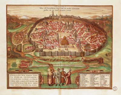 Israele e Palestina, Città di Gerusalemme, di Georg Braun e Franz Hogenberg, da Civitates Orbis Terrarum, incisione a colori da Georg Braun and Hogenberg Franz