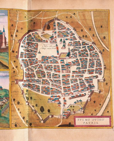 Italia, Sulmona, La città di Sulmona da Civitates Orbis Terrarum, incisione da Georg Braun and Hogenberg Franz