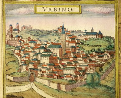 Italia, Urbino, Veduta della città, incisione a colori da Civitates Orbis Terrarum di Georg Braun e Franz Hogenberg da Georg Braun and Hogenberg Franz