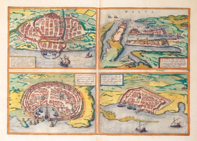Mappa di Cagliari, Malta, Rodi e Famagosta da Civitates Orbis Terrarum da Georg Braun and Hogenberg Franz