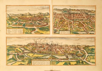 Mappa di Montpellier, Tours e Poitiers da Civitates Orbis Terrarum di Georg Braun da Georg Braun and Hogenberg Franz