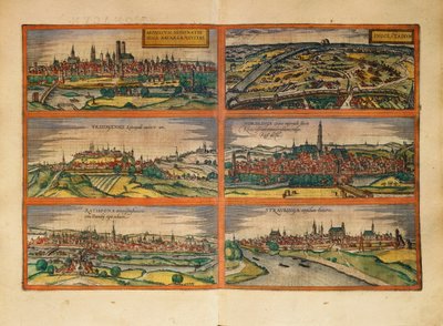 Mappa di Monaco, Ingolstadt, Freising, Nordlingen, Ratisbona e Straubing, Germania, da Civitates Orbis Terrarum di Georg Braun da Georg Braun and Hogenberg Franz