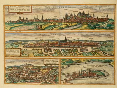 Mappa di Norimberga, Ulma, Salisburgo e Lindau da Civitates Orbis Terrarum da Georg Braun and Hogenberg Franz