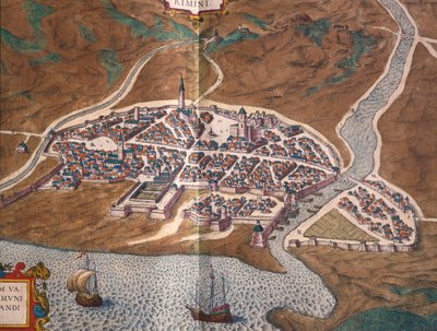 Mappa di Rimini, incisione colorata da Civitates Orbis Terrarum da Georg Braun and Hogenberg Franz
