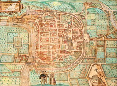 Mappa di Tridentum, oggi Trento, di Georg Braun e Franz Hogenberg, incisione colorata da Civitates Orbis Terrarum, Italia da Georg Braun and Hogenberg Franz