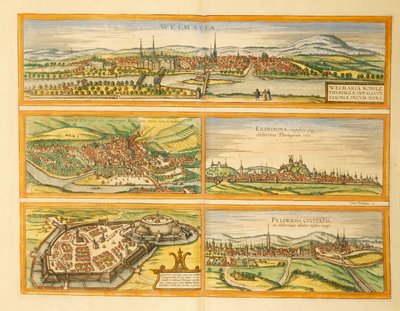 Mappa di Weimar, Jena, Erfurt, Gotha e Fulda da Civitates Orbis Terrarum da Georg Braun and Hogenberg Franz