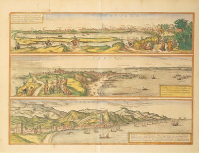 Mappe di Siviglia, Cadice e Malaga, Spagna, da Civitates Orbis Terrarum da Georg Braun and Hogenberg Franz