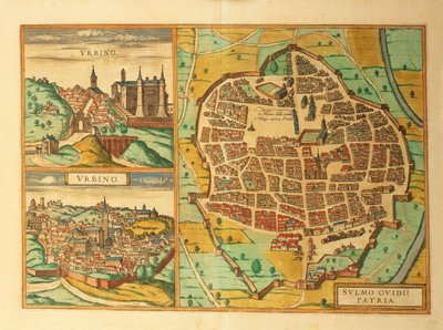 Mappe di Urbino e Sulmona, regioni Abruzzo e Marche, Italia, da Civitates Orbis Terrarum di Georg Braun da Georg Braun and Hogenberg Franz