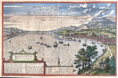 Lo stretto di Messina, tra Sicilia e Calabria (Italia) (incisione) da Georg Braun and Hogenberg Franz