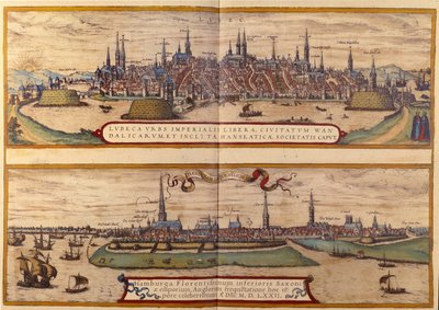 In alto veduta della città di Lubecca, in basso la città di Amburgo in Germania. Incisione dall
