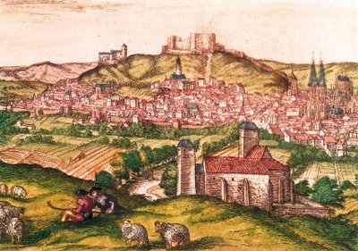 Città di Burgos in Spagna con pastori e gregge di pecore in primo piano (1576). Incisione in Civitatis Orbis Terrarum da Georg Braun and Hogenberg Franz