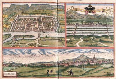 Heilbronn (Germania), Mulhouse (Francia) e Reutlingen (Germania) (incisione) da Georg Braun and Hogenberg Franz