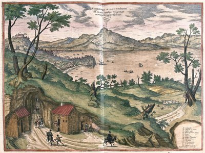 La Baia di Napoli e il Vesuvio, Italia, nel 1579 (incisione) da Georg Braun and Hogenberg Franz