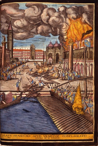 Il grande incendio del Palazzo Ducale in Piazza San Marco a Venezia nel 1577. Incisione di George Braun in "Civitatis Orbis Terrarum" Volume I scritto da Franz Hogenberg da Georg Braun and Hogenberg Franz