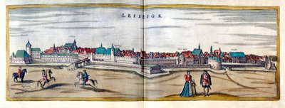 Veduta della città di Lipsia in Germania. Incisione dall