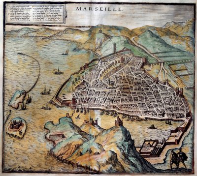 Veduta della città di Marsiglia con mappa stradale. Incisione dall